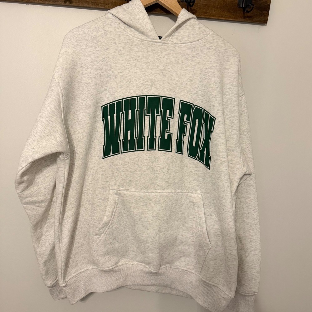 White Fox Boutique Grey Marle Green Arched Logo Oversized Hoodie L XL NWT